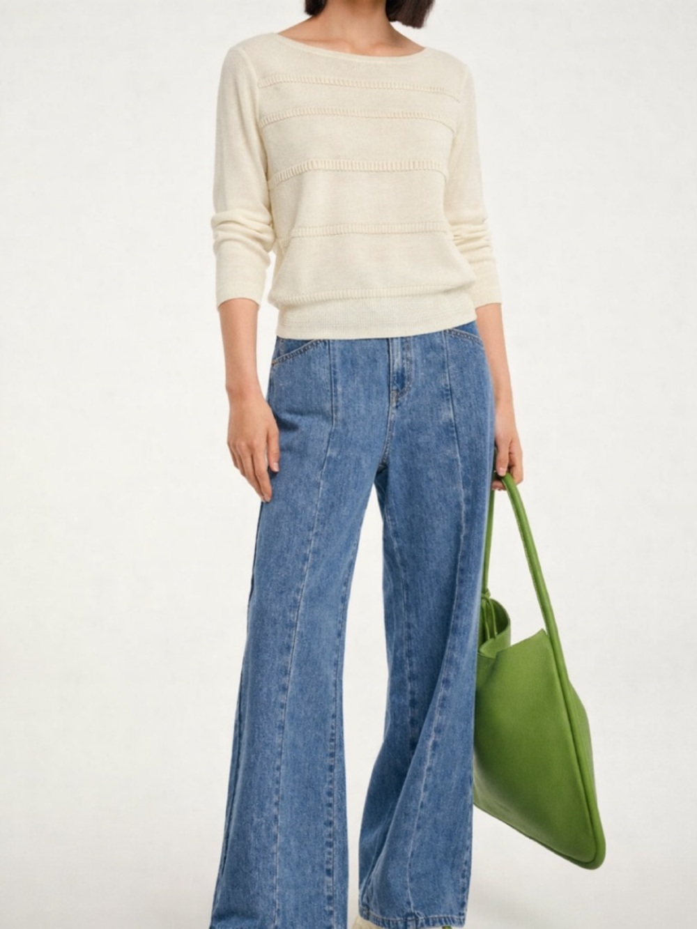 Laurel Ivory Knit Top Beaded Trim Long Sleeve Luxe Minimalist Size US 10